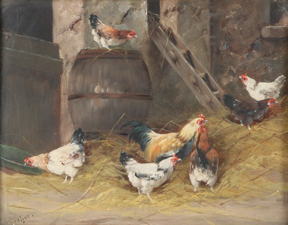 ALFRED PREHN Chicken Coop Oil Painting Circa 1900 Signed Rooster Hens Chickens Genre