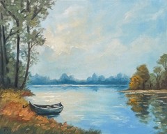 ORIGINAL Oil Painting Impressionism Landscape Calm Lake Forest Boat River 8″x10″
