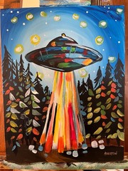 Atherton 11×14 Original Alien Abduction Acrylic Painting „UFO Woods“ hand signed