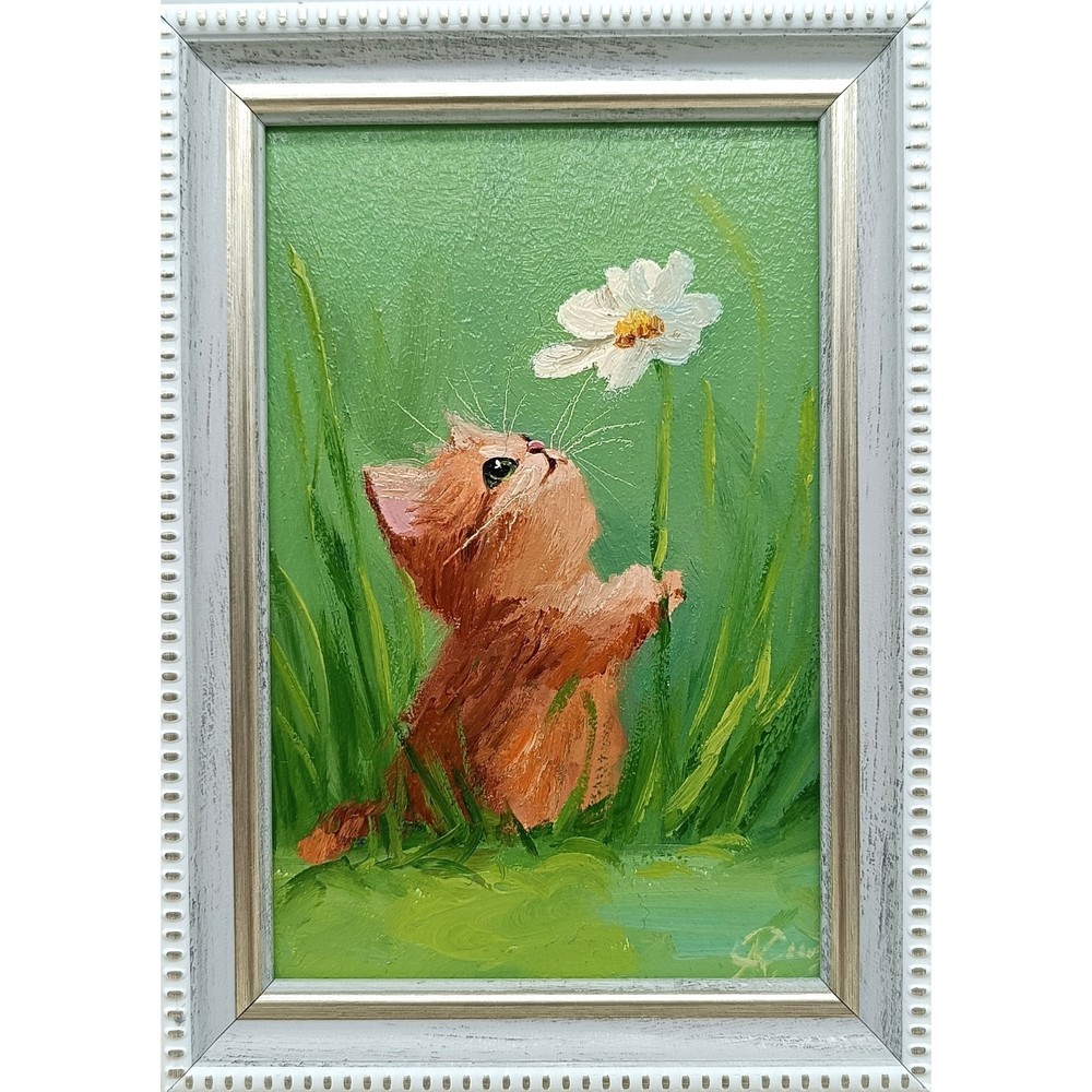 Ginger Kitten Original Oil Painting 6×4 Framed Signed Cat Daisy Animal Art