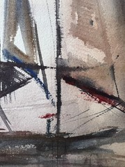 Waterscape with Sailboat-Charlotte Hoffman–Mid 20th C. Watercolor–NY Artist