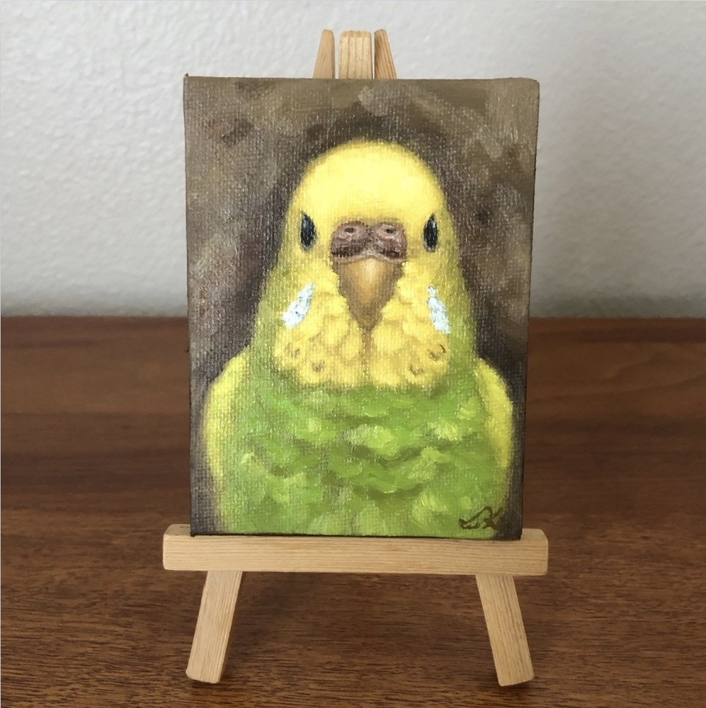 KaoruArtGallery, Budgie, Oil Painting 4x3in, Parakeet, Stand Set