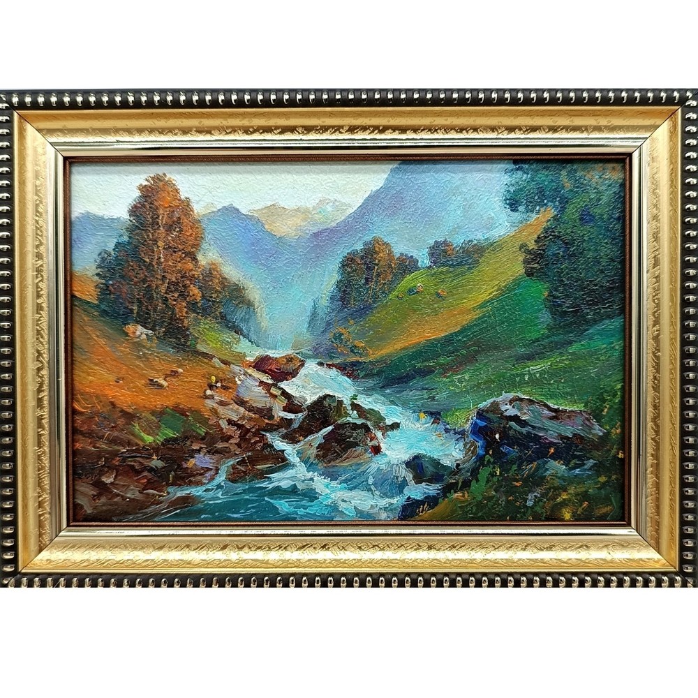 Summer nature Oil painting Original art Waterfall 6 x 4 inches