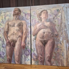 2 Original Contemporary Figurative Matching Oil Paintings Unsigned Nude Couple