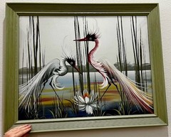 VTG Signed M DeVoe Crane Painting Framed Asian Bird Art Mid Century Crane