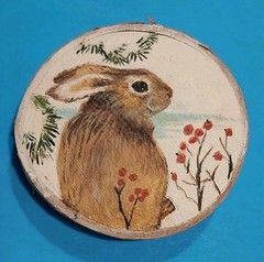 Rabbit Art Hand Painted On Birch Wood Piece Wall Hanging with hanger on back