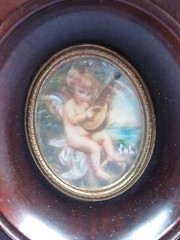 Miniature Figure Putto And Noblewoman Dark Wood Frame Vintage 20th Century