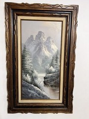 Signed Simon Oil Painting – Snow-Covered Mountain Landscape with Carved Wooden F