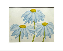 PAINTING WATERCOLOR 11X14 & MAT 16X20 FLOWER DAISY BLUE YELLOW ORIGINAL ART BOHO