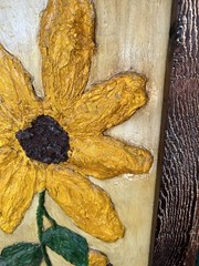 Mid Century 3D Impasto Folk Art Naive Sunflower Painting On Plywood Framed 24”H
