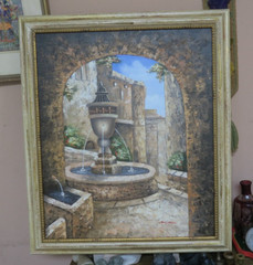 Vintage Oil on Canvas Painting 19″x24″ Signed Framed Greek Villa Water Fountain