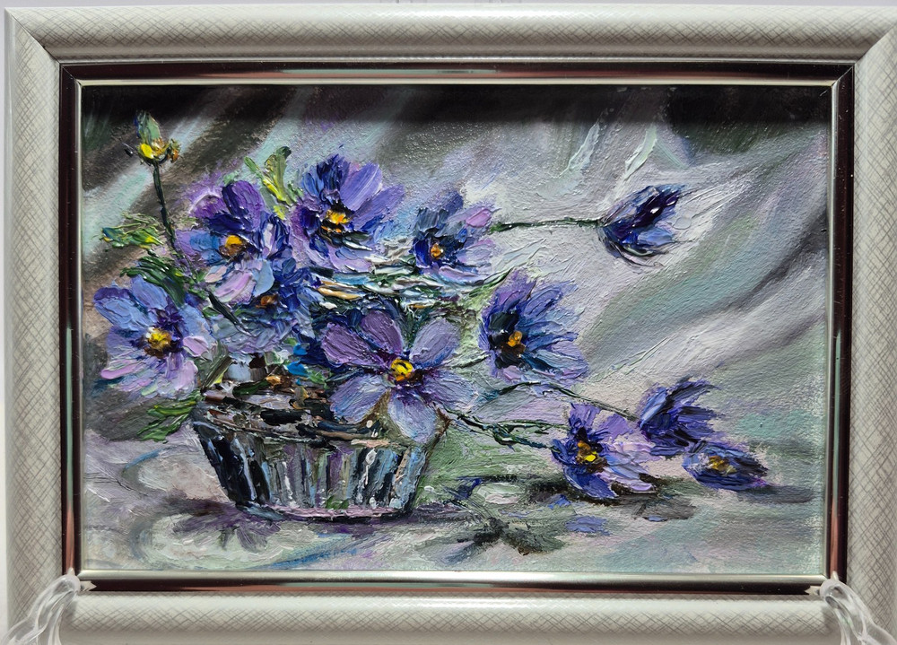 original autographed oil painting framed.Still Life with Blue Flowers 6х4