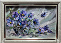original autographed oil painting framed.Still Life with Blue Flowers 6х4