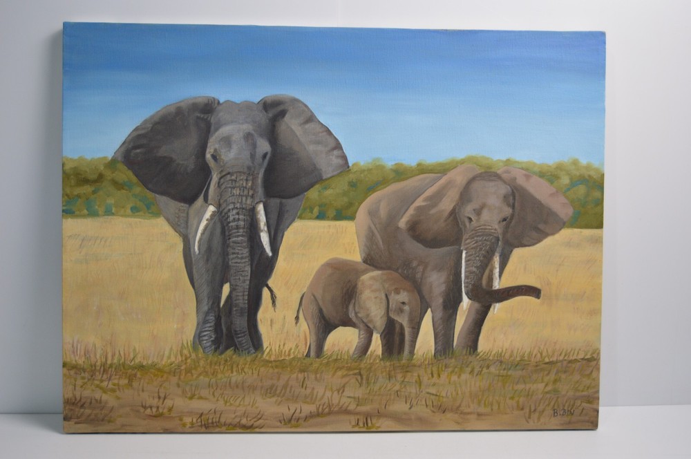 Original Painting African Elephant Family Safari Savanna Canvas Art