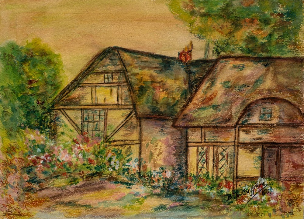 Mid Century Belgian Watercolor–Country House in Springtime, Signed, 1952