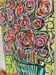 Abstract Floral Mixed Media Painting – Reclaimed Materials, One of a Kind Art