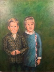 Antique Framed Original Portrait Oil on Board „Belgian Siblings“, By Schumacher