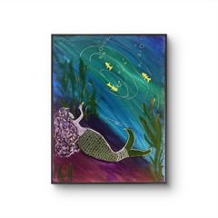 Underwater Dreams Mermaid Watching Fireflies 11×14 Original Acrylic Painting
