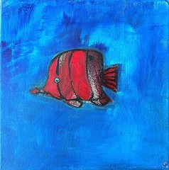 Original Tropical Fish Painting 12×12 Acrylic Canvas Red Blue Black Signed