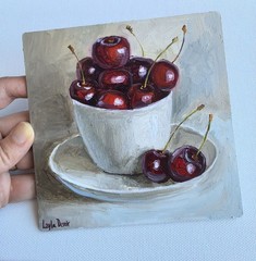 Sweet ripe cherry fruit still life oil painting 6×6″