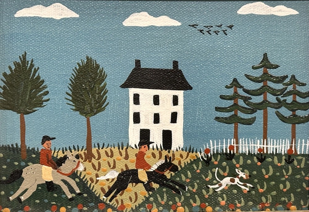 Jan Wilson Folk Art oil painting on canvas 2 boys on horses and dog Linwood NJ