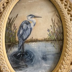 Blue Heron Decoupage And Painting In VTG Weave Frame