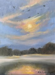 Original Oil Painting Sunset Lake Landscape Birds Impressionist Signed OOAK