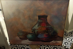 Lee Reynolds Signed Framed Large Canvas Still Life Pottery Vase & Bowls Painting