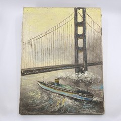 Vintage Vincent Thomas Bridge Oil Painting on Canvas 1970s J Kolar San Pedro CA