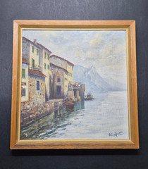 Artist Signed Gandria on the Lake Lugano Oil Painting on Panel, 8.5″ x 8.25″