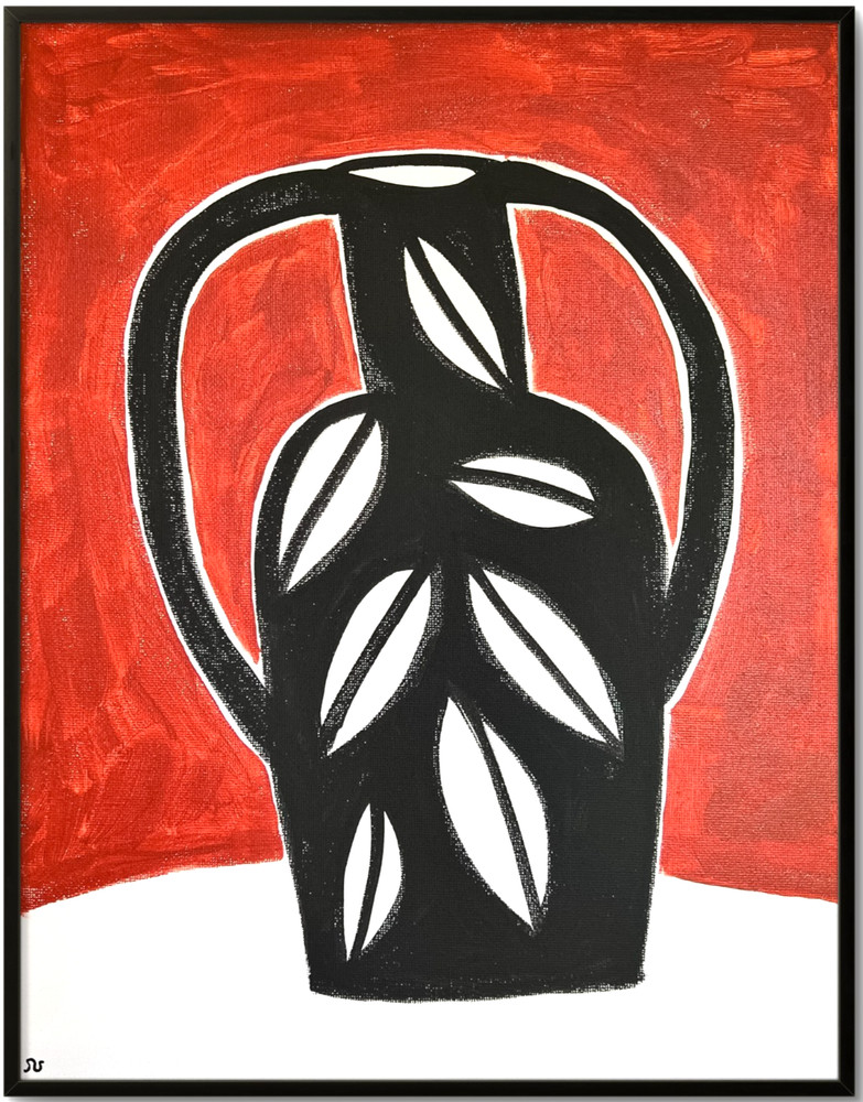 Mid-Century Modern Leaf Vase Painting, Abstract Still Life Art 11×14