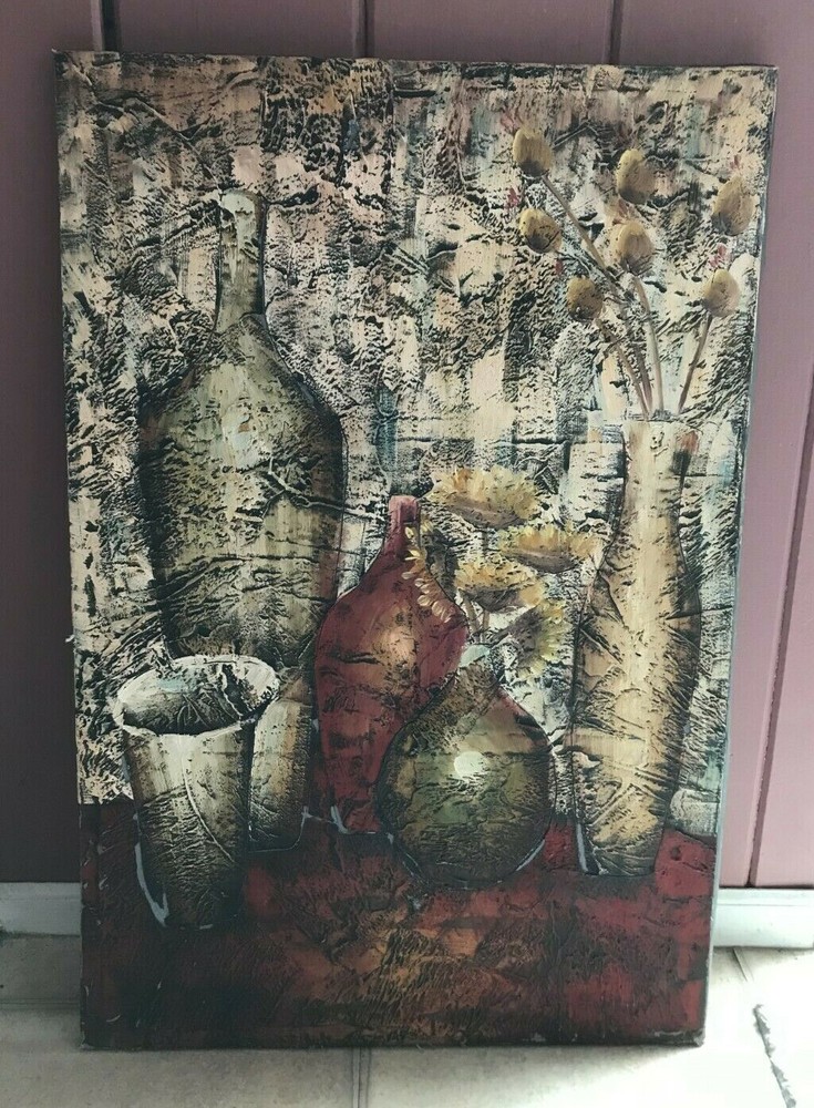 PAINTING WITH WINE BOTTLES AND FLOWERS 35.5″ X 23.75″