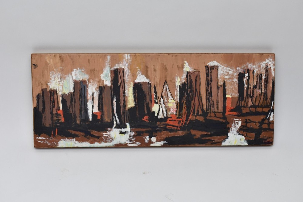 1960s or 1970s Mod City Skyline Painting on Board MCM Signed GW New York ? Indy
