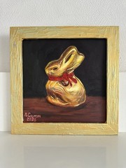 original oil painting Golden Easter Bunny still life 20x20cm Wall Art Gift