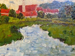 ::OIL PAINTING MONOGR.HS VILLAGE LANDSCAPE WITH CHURCH ON THE RIVER COUNTRY HOUSE STYLE