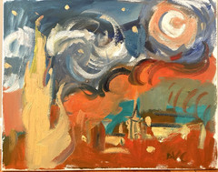 Starry Night Landscape Oil Painting 16”x20” Canvas Original Gothic Surrealism