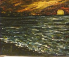 RED SUN AT SPARROW’S COVE 8×10 vintage oil painting canvas signed by CROWELL