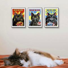 Pop Art Black Cat 3 Piece Set: Hear / Speak / See No Evil 12×9 Acrylic on Paper