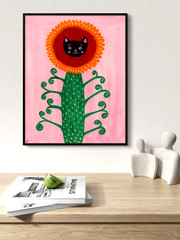 Black Cat Flower Creature Painting, Fantasy Animal Art 8×10