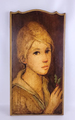 Vtg Painting Wood Plaque Girl With Christmas Holly 1970’s Realism OOAK