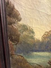 Framed Antique Canvas Oil Painting Of A Landscape River Scene Unsigned 23h X 33w