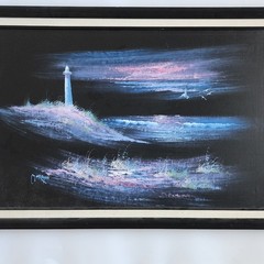 Morgan Vintage Original Oil Painting Lighthouse Moonlit Seascape Framed 41×29