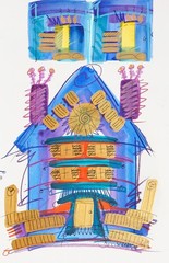 1999 Mixed Media Painting on Illustration Board Colorful Houses Gouache Acrylic