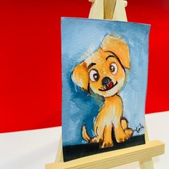 ACEO Cute Puppy Dog Art Whimsical Cartoon Miniature Animal Acrylic Painting NEW