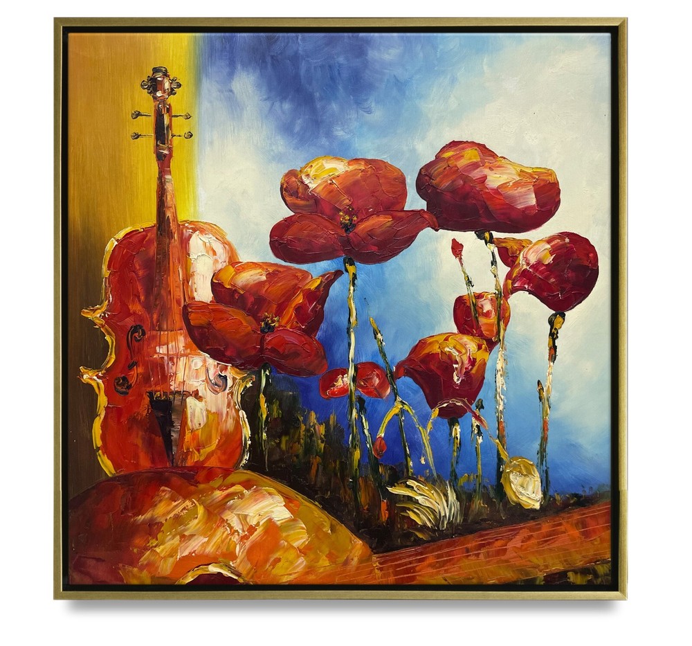Hungryartist -Original Painting of Guitar &Flower on Canvas 25×25 Framed