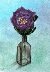 Original Floral Watercolor Painting Flower Glass Bottle Still Life Signed 5×7