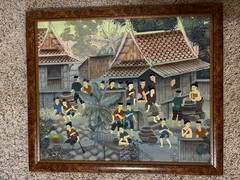 ANTIQUE MODERN THAILAND FIGURATIVE FOLK ART OIL PAINTING THAI Village Chang Mai