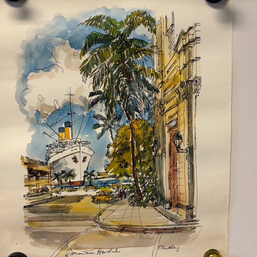 Hawaiian Watercolor Print Downtown Honolulu Cruis Ship 12″ x 16″ Souvenir Poster
