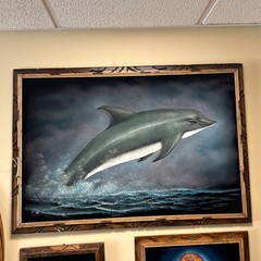 Vintage Black Velvet Dolphin Painting 28”x40” MCM kitsch Sea Marine Life Ocean
