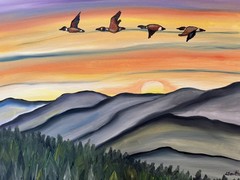 Original oil painting 11 x 14 inches blue ridge mountains with geese at sunset